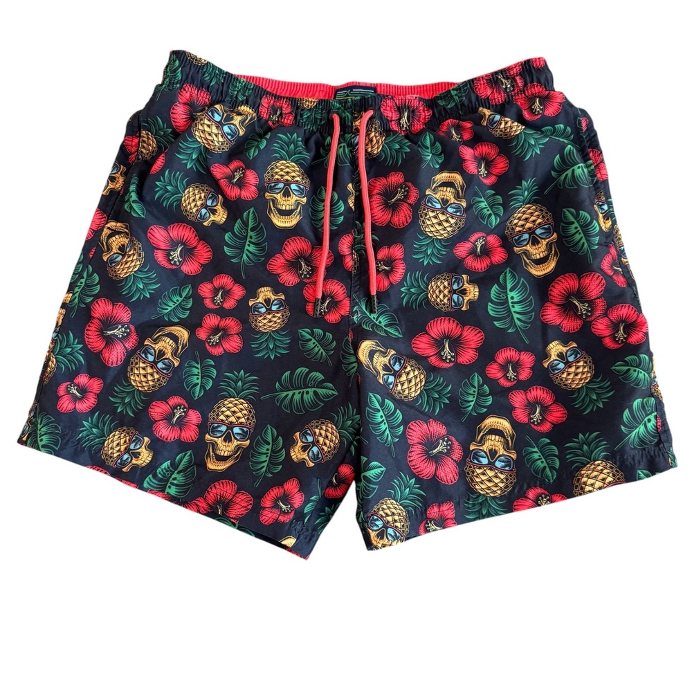 Broken Threads Medium 6in Navy Blue Pineapple Skull Tropical Mens Swim Trunks